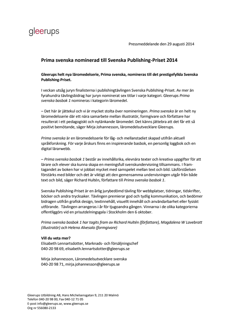 Prima svenska nominerad till Svenska Publishing-Priset 