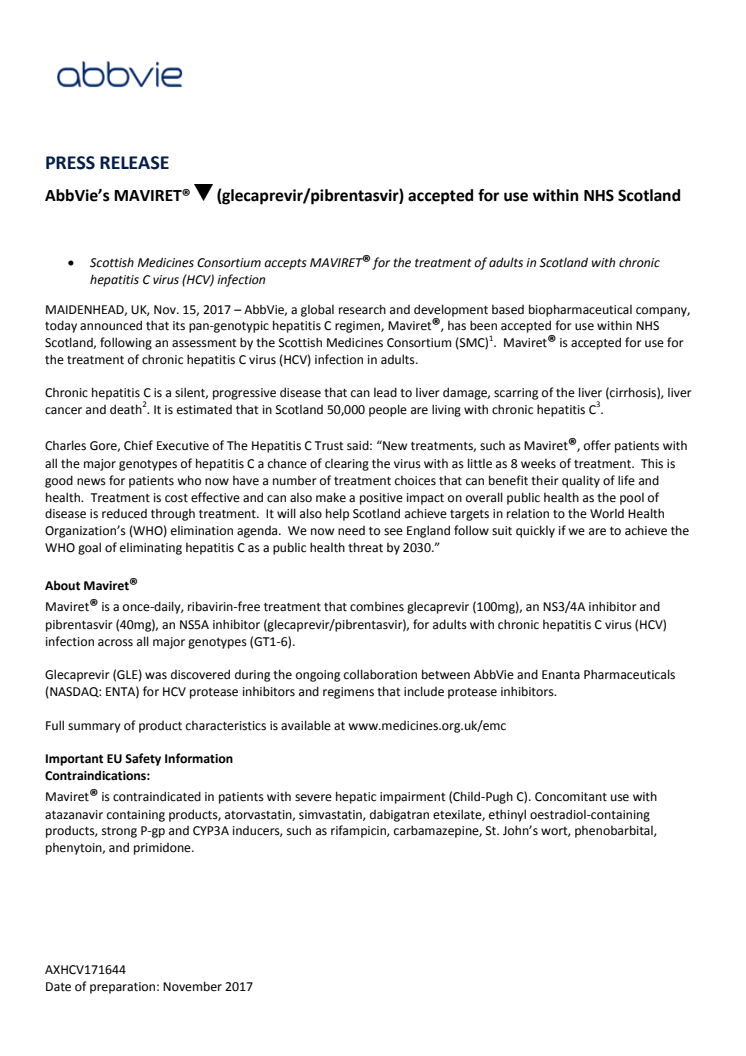 AbbVie’s MAVIRET® (glecaprevir/pibrentasvir) accepted for use within NHS Scotland