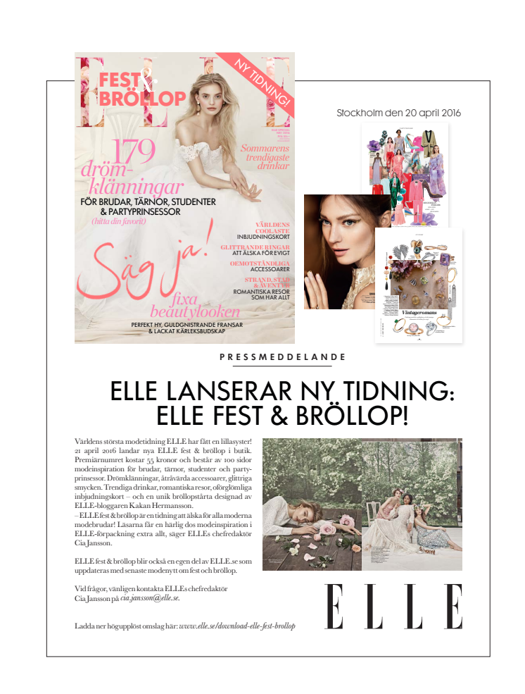 Pressmeddelande: ELLE lanserar ny tidning: ELLE fest och bröllop!
