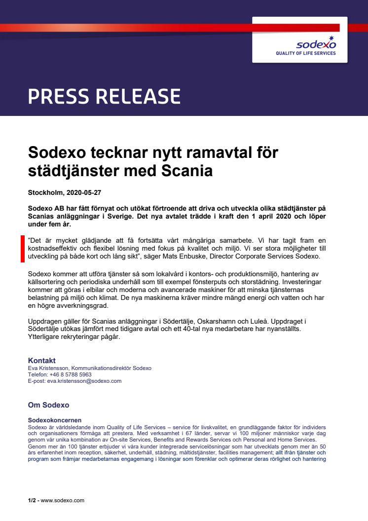Sodexo tecknar nytt ramavtal för städtjänster med Scania