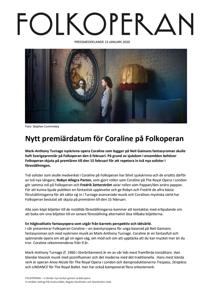​Nytt premiärdatum för Coraline på Folkoperan