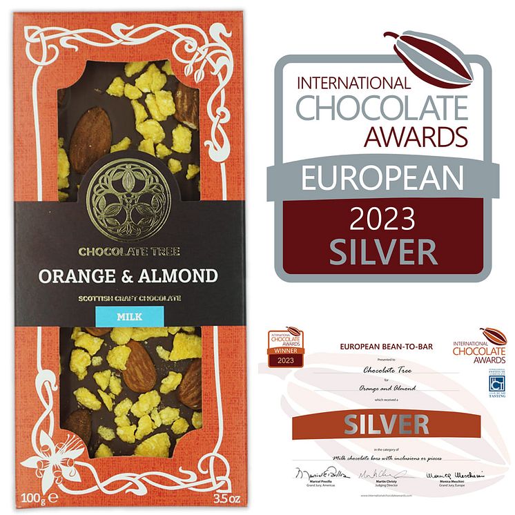 Prisbelont-InternationalChocolateAwards-OrangeAndAlmond-Choklad-100g-ChocolateTree-ekologisk-Beriksson