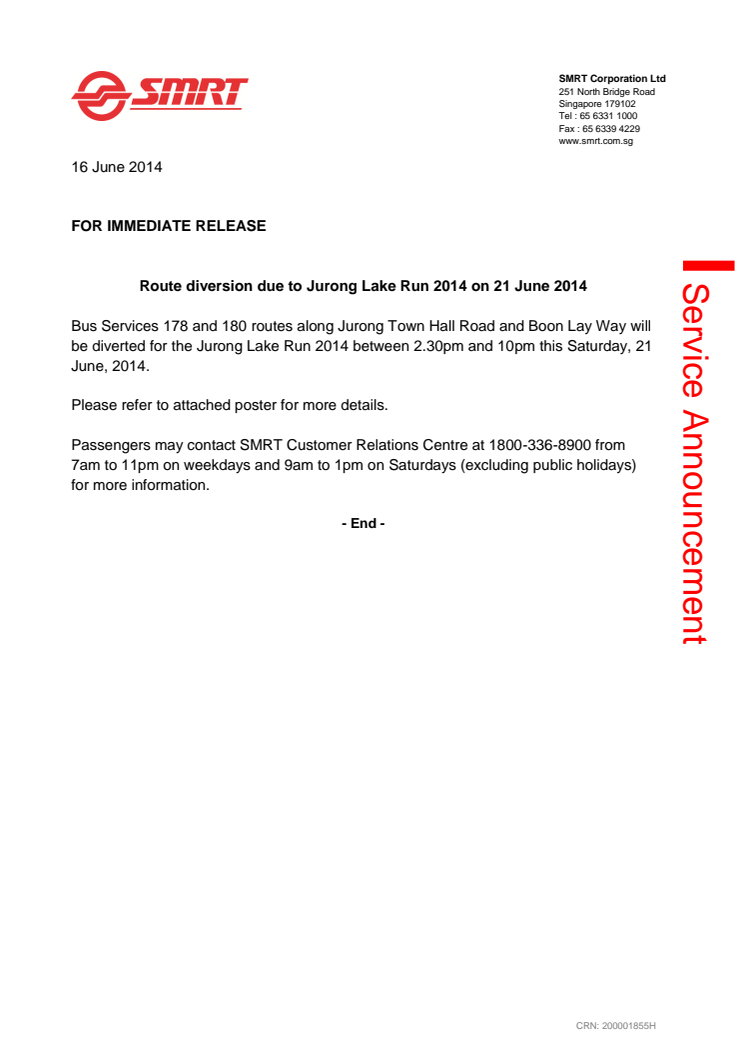 Route diversion due to Jurong Lake Run 2014 on 21 June 2014