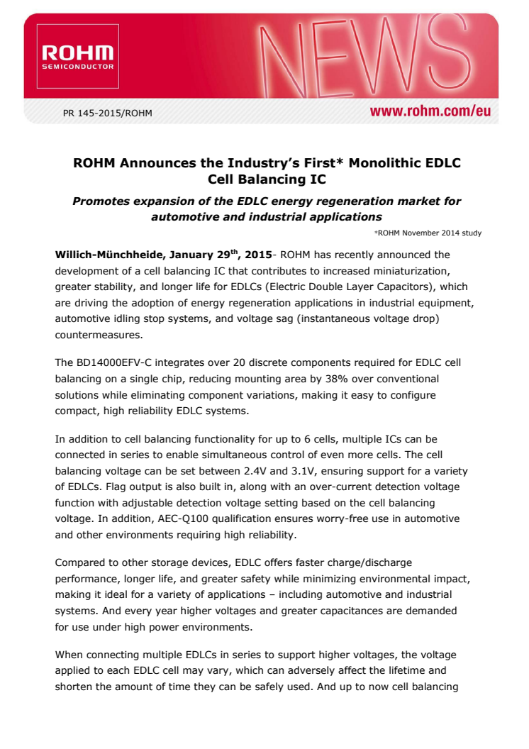 ROHM Announces the Industry’s First* Monolithic EDLC Cell Balancing IC --Promotes expansion of the EDLC energy regeneration market for automotive and industrial applications--