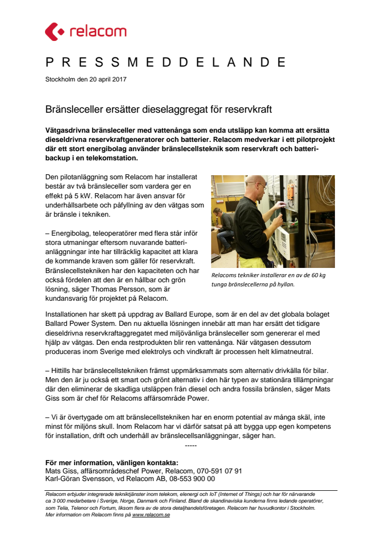 Bränsleceller ersätter dieselaggregat för reservkraft