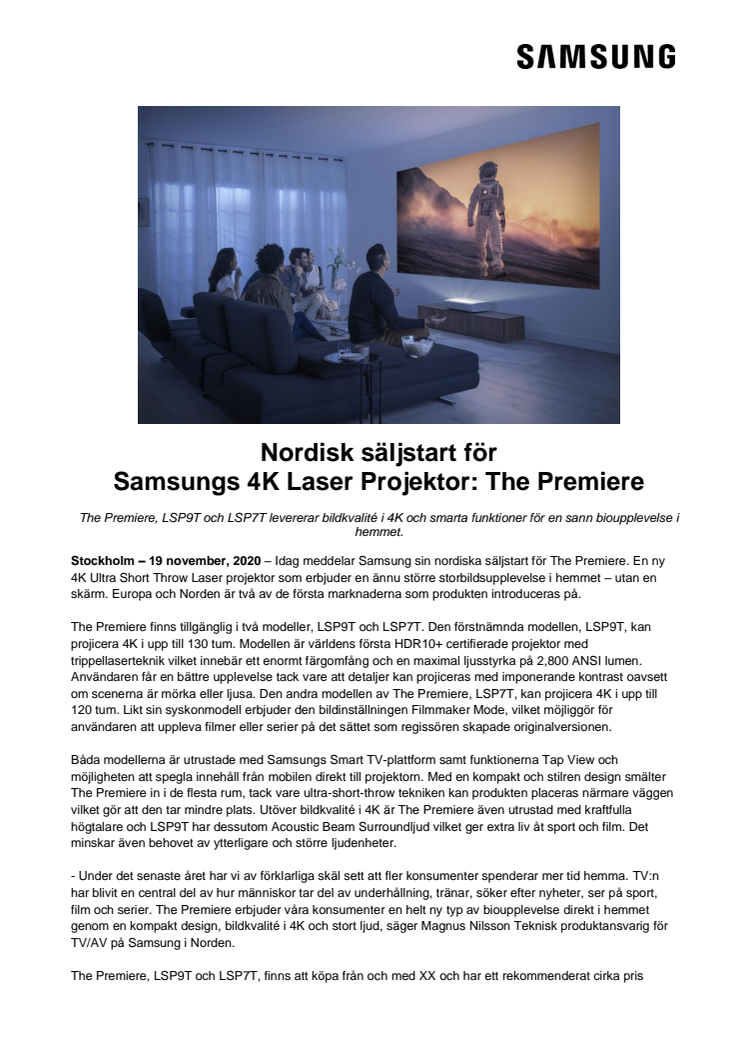 Nordisk säljstart för  Samsungs 4K Laser Projektor: The Premiere