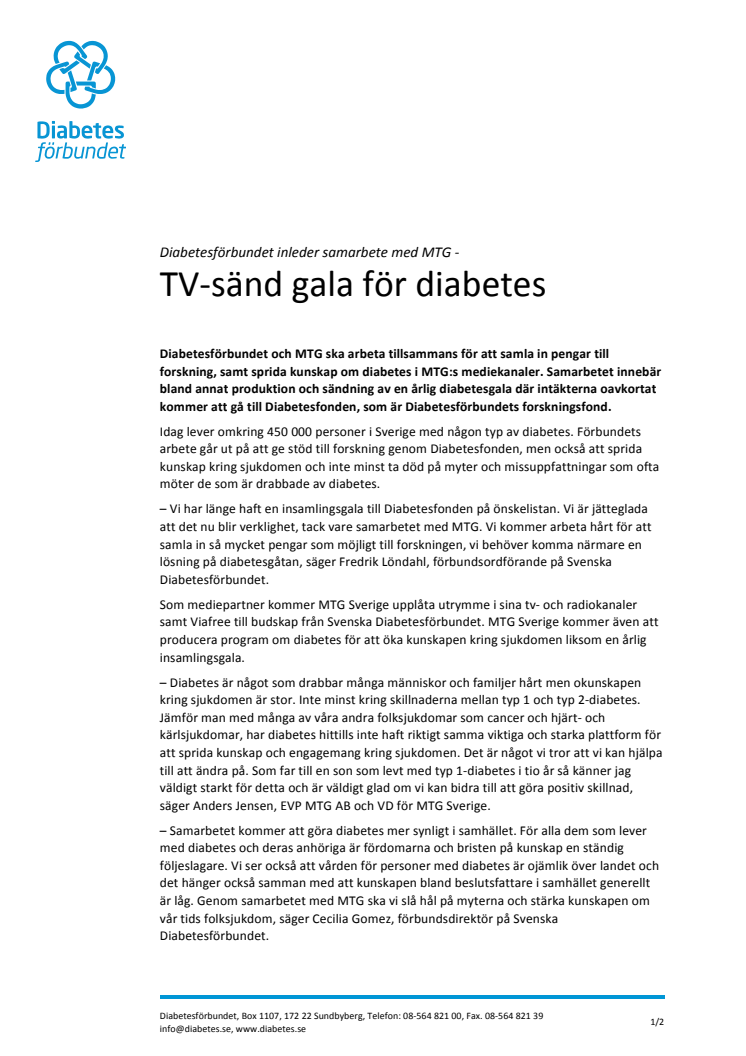 Diabetesförbundet inleder samarbete med MTG -   TV-sänd gala för diabetes