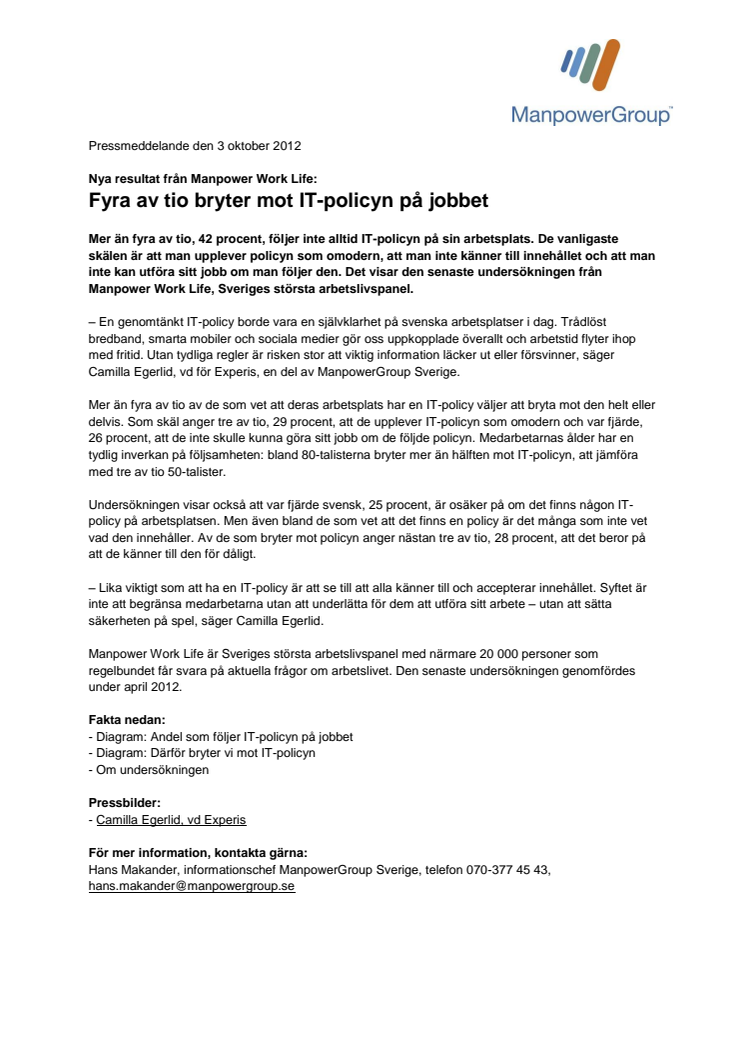 Nya resultat från Manpower Work Life: Fyra av tio bryter mot IT-policyn i Sverige 
