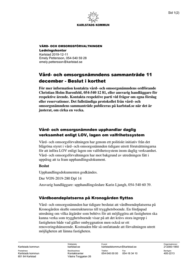 Vård- och omsorgsnämndens beslut i korthet 11 december