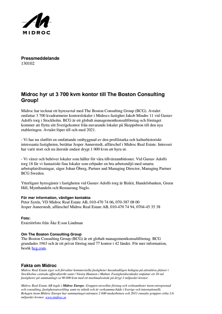 Midroc hyr ut 3 700 kvm kontor till The Boston Consulting Group!