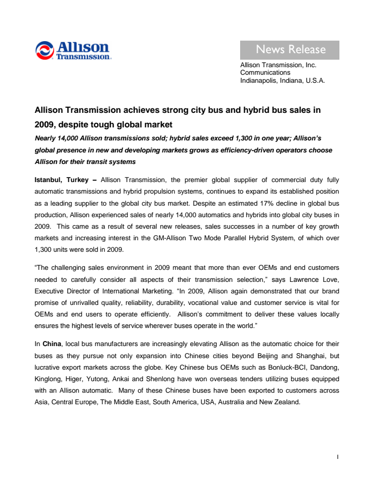 Allison Transmission achieves strong city bus and hybrid bus sales in 2009, despite tough global market