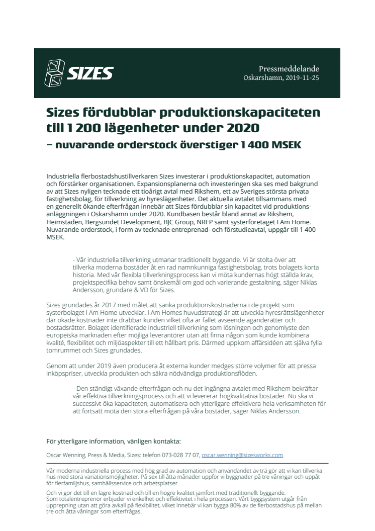 Sizes fördubblar produktionskapaciteten till 1 200 lägenheter under 2020 - nuvarande orderstock överstiger 1 400 MSEK
