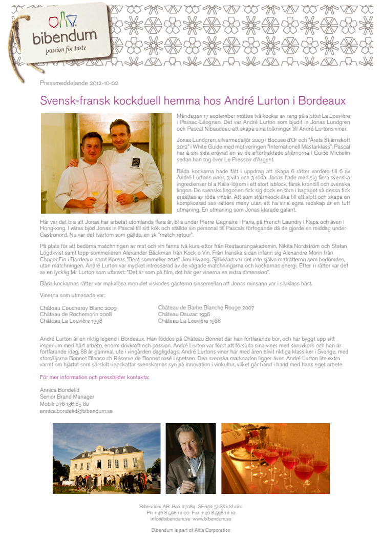 Jonas Lundgren i svensk-fransk kockduell hos André Lurton i Bordeaux