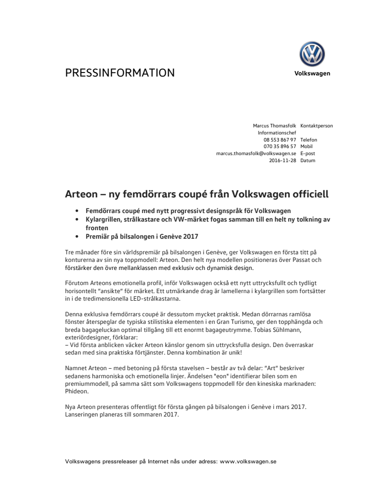 Arteon − ny femdörrars coupé från Volkswagen officiell
