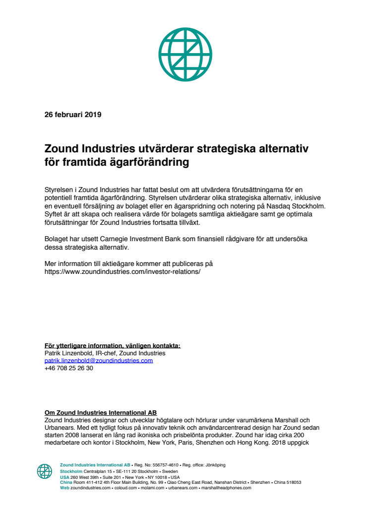  Zound Industries utvärderar strategiska alternativ för framtida ägarförändring