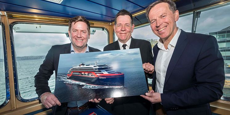  Hurtigruten CEO Daniel Skjeldam, captain on MS Polarlys Hermod Nilsen and Kleven CEO Ståle Rasmussen with design sketches