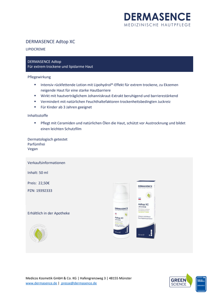 Factsheet DE: DERMASENCE Adtop XC Lipidcreme 50ml