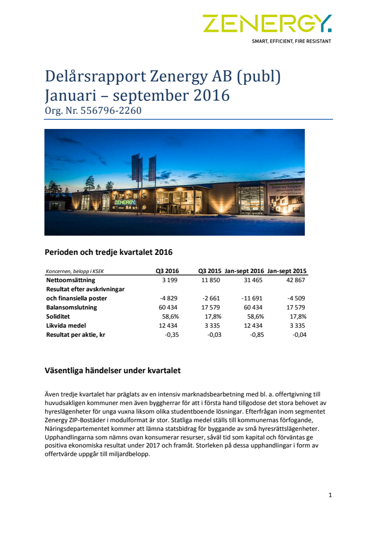 Delårsrapport Zenergy AB (publ) Januari – september 2016