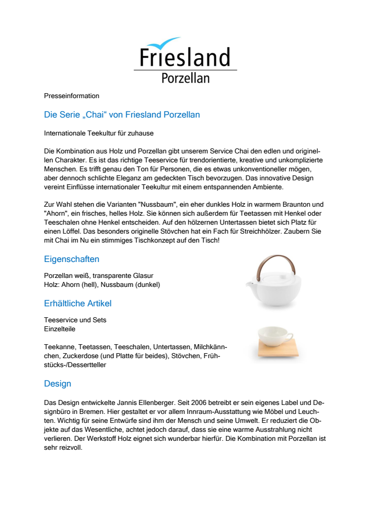 Presseinformation: Die Serie „Chai“ von Friesland Porzellan - Internationale Teekultur für zuhause