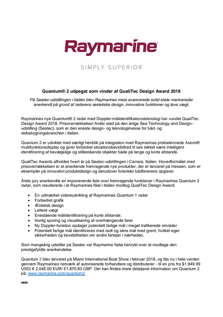 Raymarine: Quantum® 2 udpeget som vinder af QualiTec Design Award 2018 