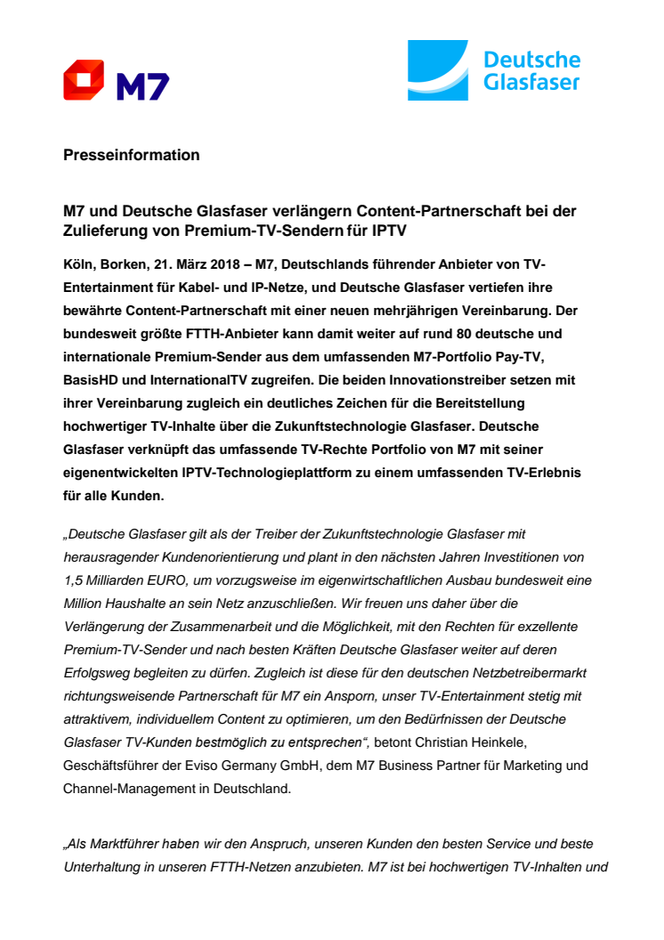 M7 und Deutsche Glasfaser verlängern Content-Partnerschaft bei der Zulieferung von Premium-TV-Sendern für IPTV