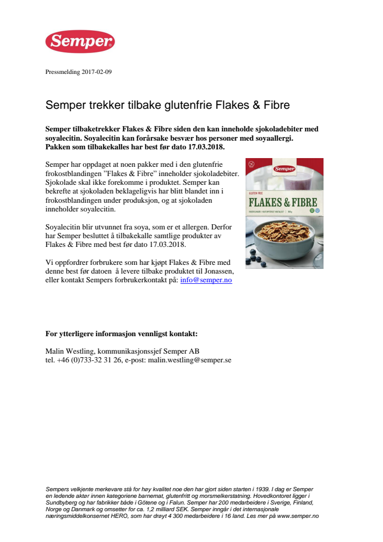 Semper trekker tilbake glutenfrie Flakes & Fibre