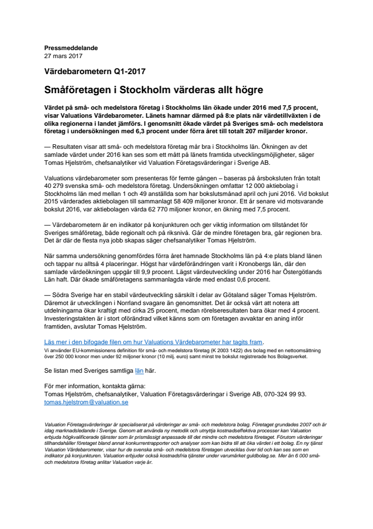 Värdebarometern Q1-2017 Stockholms län