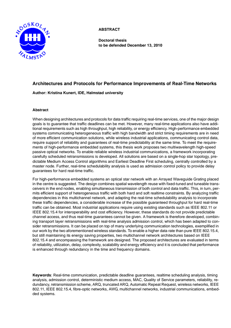 Abstract Architectures and Protocols for Performance Improvements of Real-Time Networks