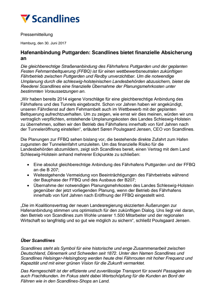 Hafenanbindung Puttgarden: Scandlines bietet finanzielle Absicherung an
