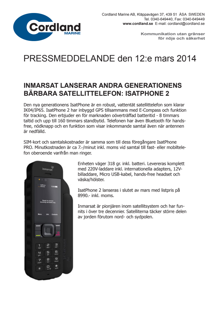 INMARSAT LANSERAR ANDRA GENERATIONENS BÄRBARA SATELLITTELEFON: ISATPHONE 2