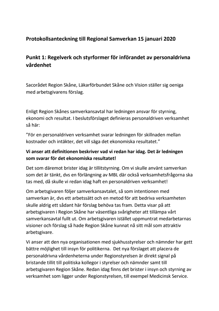 Protokollsanteckning  från Sacorådet, Läkarförbundet Skåne och Vision till Regional Samverkan 15 januari 2020