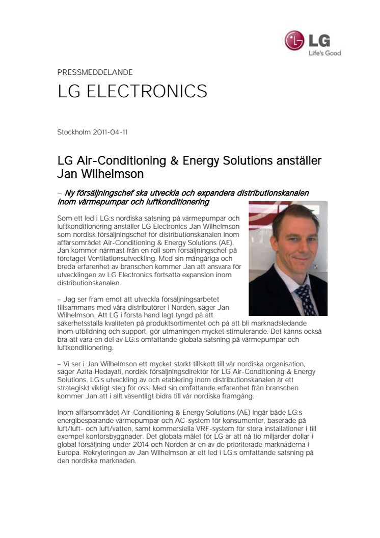 LG Air-Conditioning & Energy Solutions anställer Jan Wilhelmson