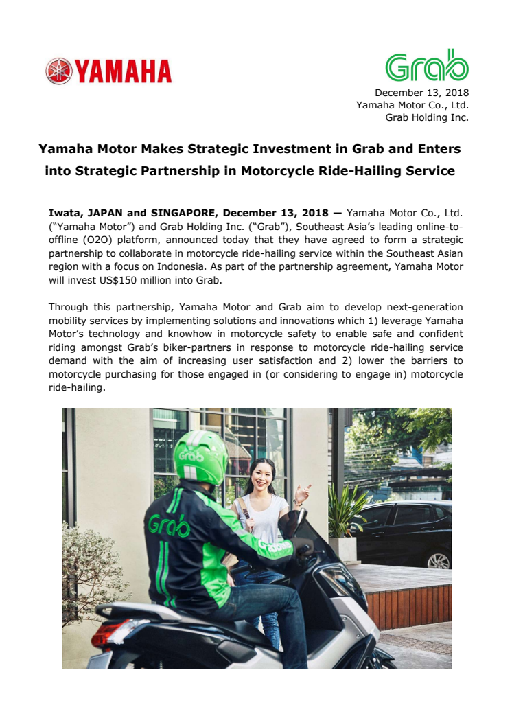 Yamaha Motor Makes Strategic Investment in Grab and Enters into Strategic Partnership in Motorcycle Ride-Hailing Service