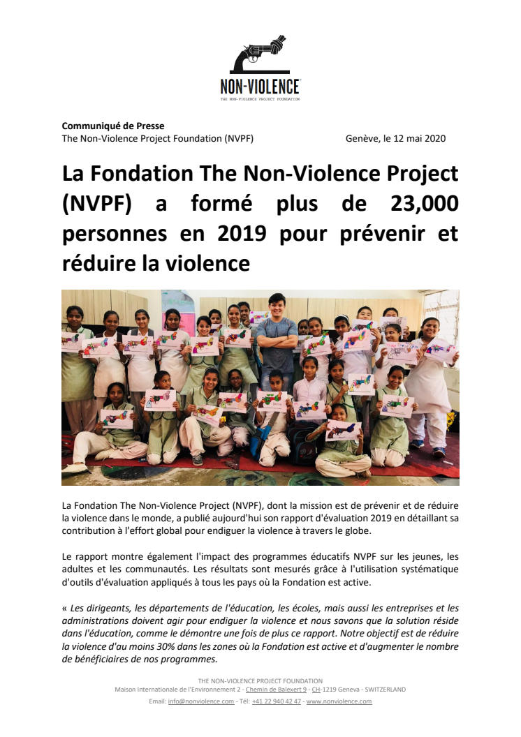 La Fondation The Non-Violence Project (NVPF) a formé plus de 23,000 personnes en 2019 pour prévenir et réduire la violence 