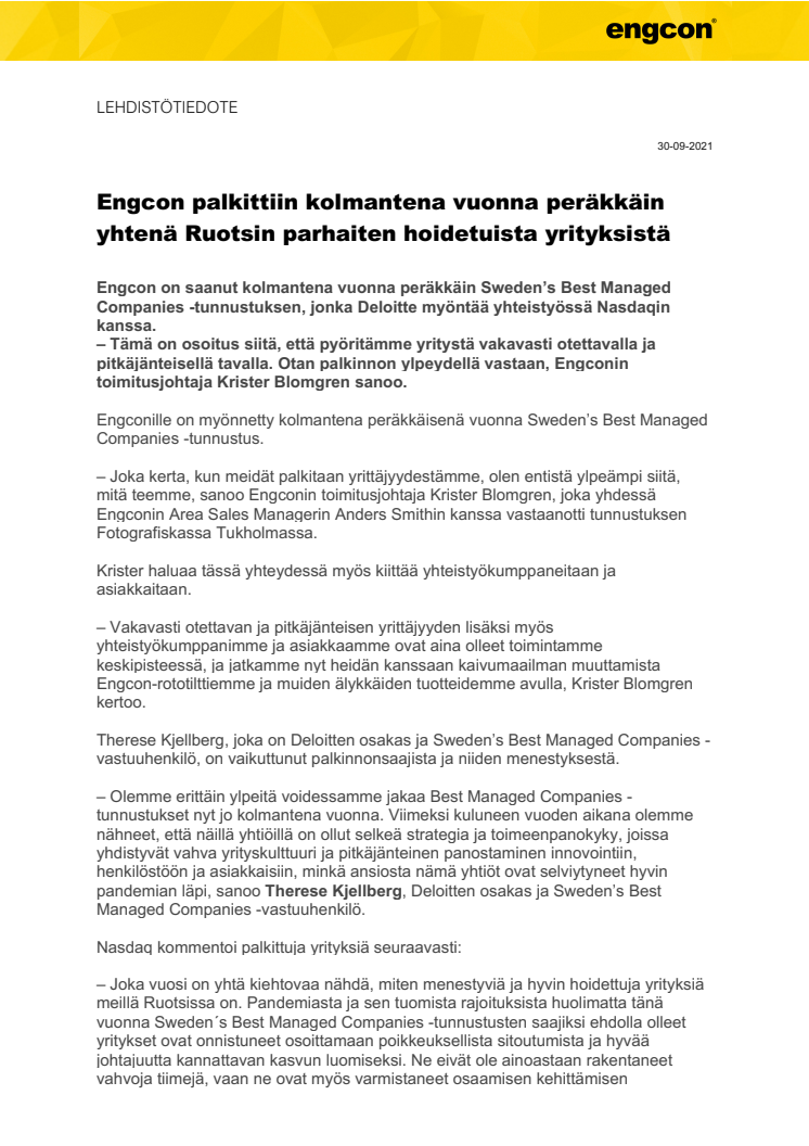 300921_Press_Engcon palkittiin kolmantena vuonna peräkkäin yhtenä Ruotsin parhaiten hoidetuista yrityksistä