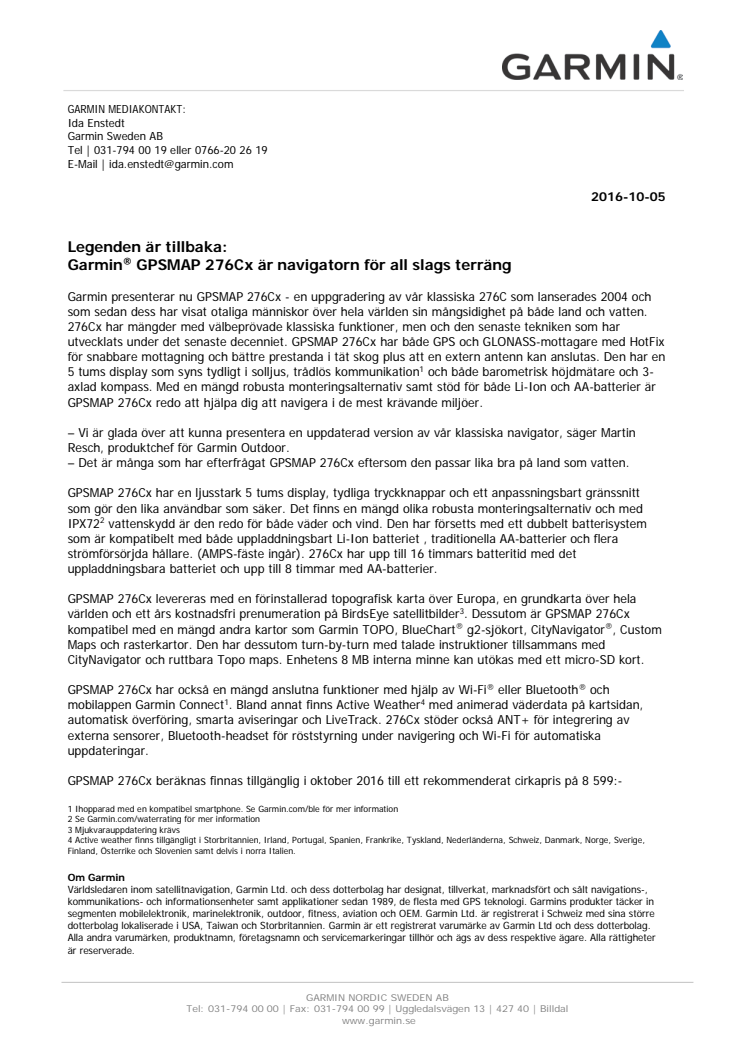 Legenden är tillbaka:  Garmin® GPSMAP 276Cx är navigatorn för all slags terräng 