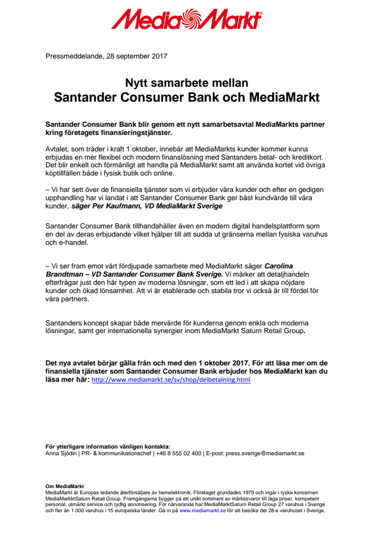 Nytt samarbete mellan Santander Consumer Bank och MediaMarkt