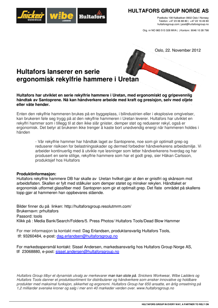 Hultafors lanserer en ny serie rekylfrie hammere i uretan.