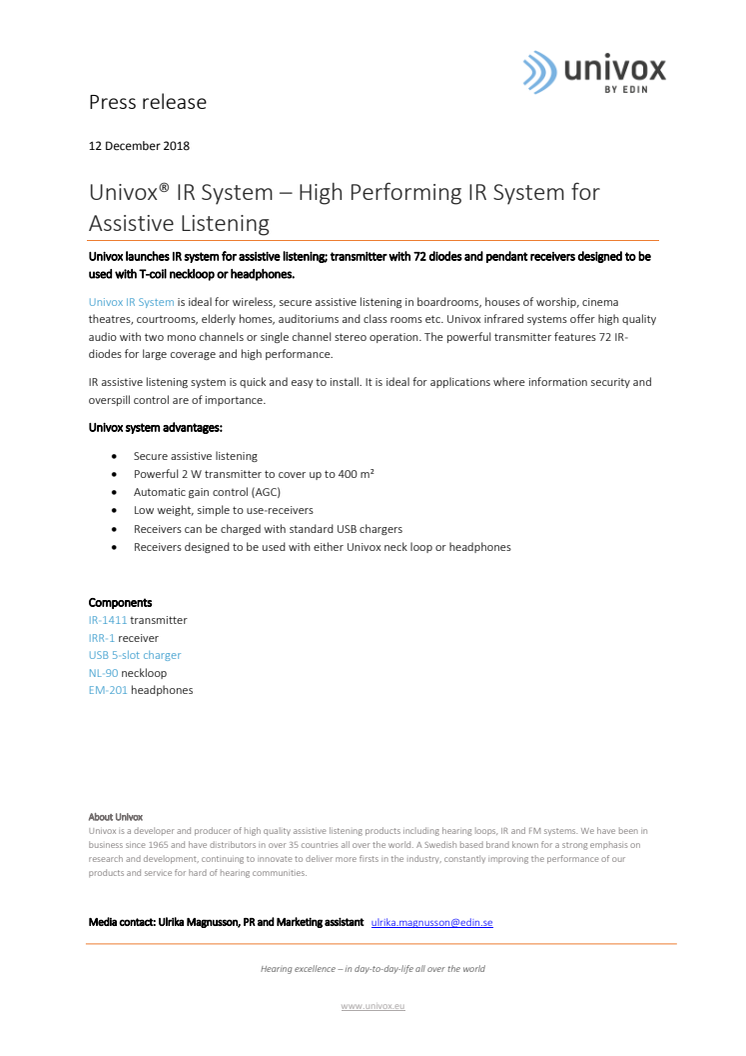 Univox® IR System – High Performing IR System for Assistive Listening