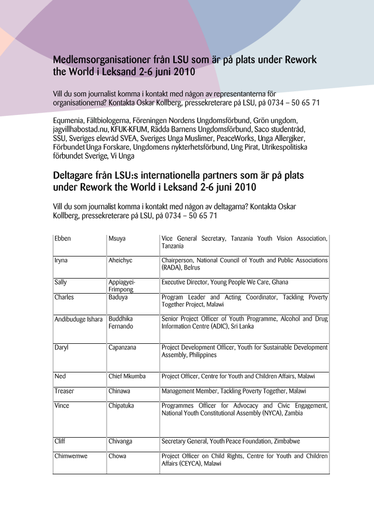 LSU:s medlemsorganisationer och internationella partners på plats under Rework the World