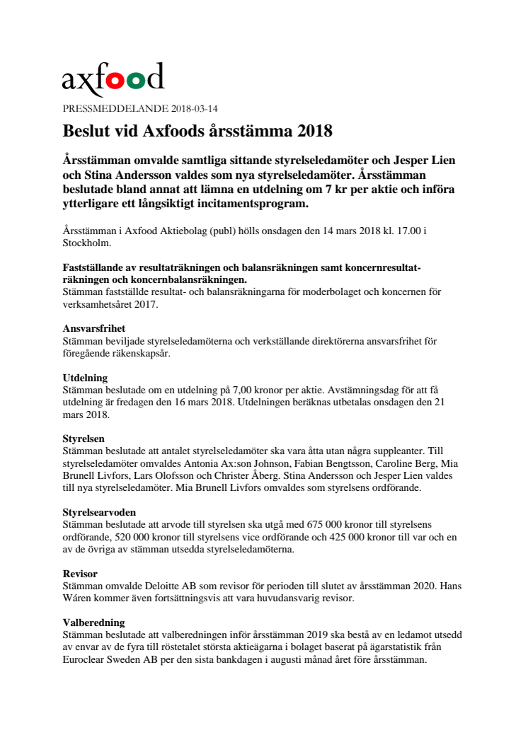 Beslut vid Axfoods årsstämma 2018