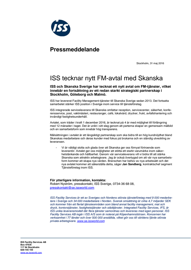 ISS tecknar nytt FM-avtal med Skanska
