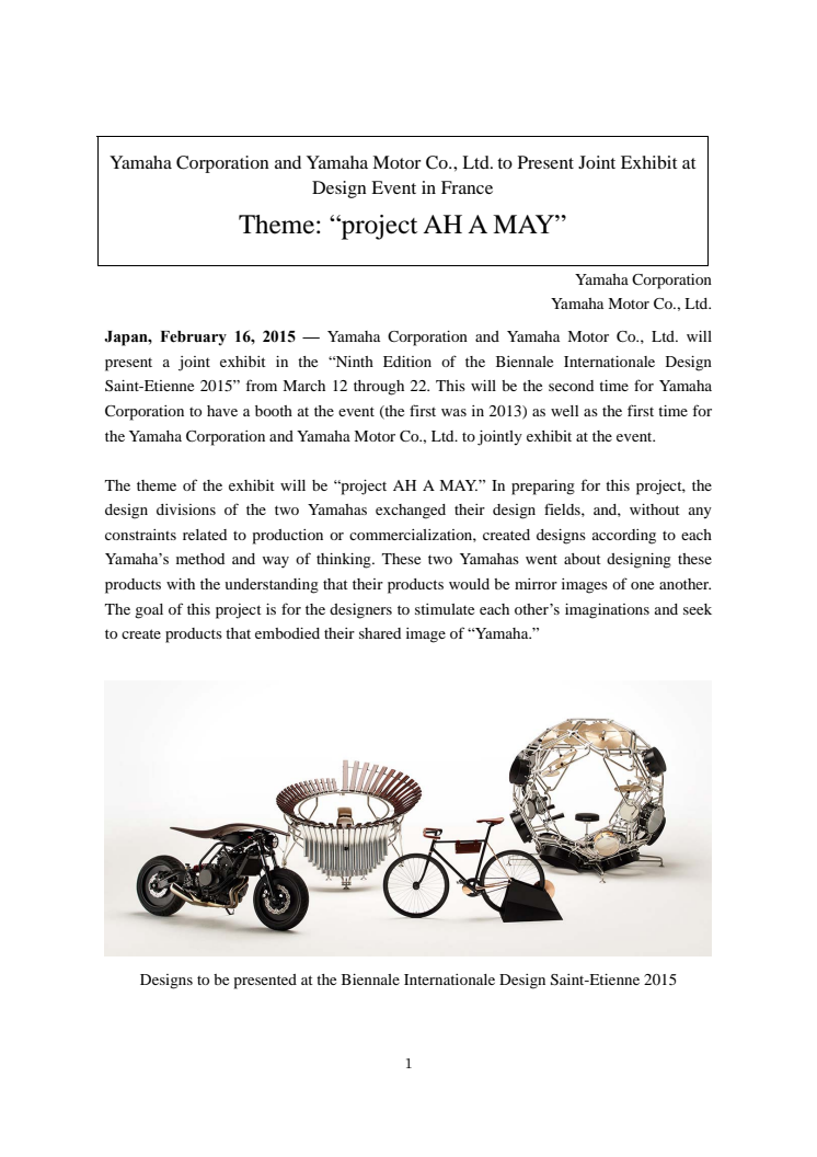 Yamaha Corporation and Yamaha Motor Co., Ltd. to Present Joint Exhibit at Design Event in France ~ Theme: “project AH A MAY”