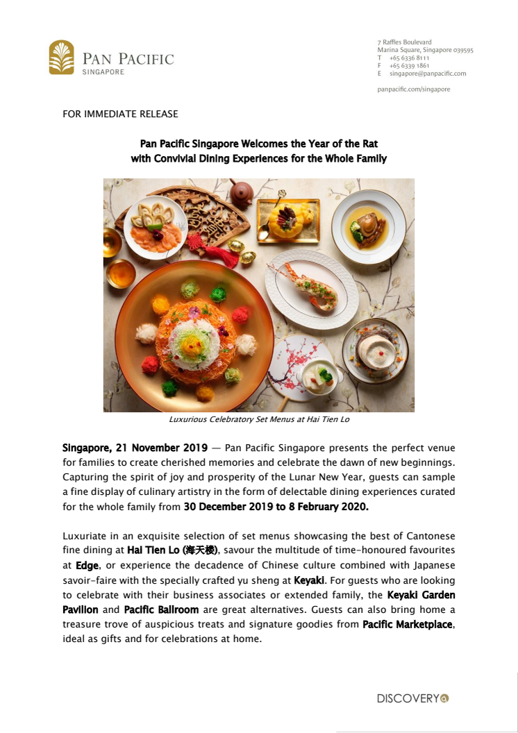 Pan Pacific Singapore Welcomes the Year of the Rat with Convivial Dining Experiences for the Whole Family