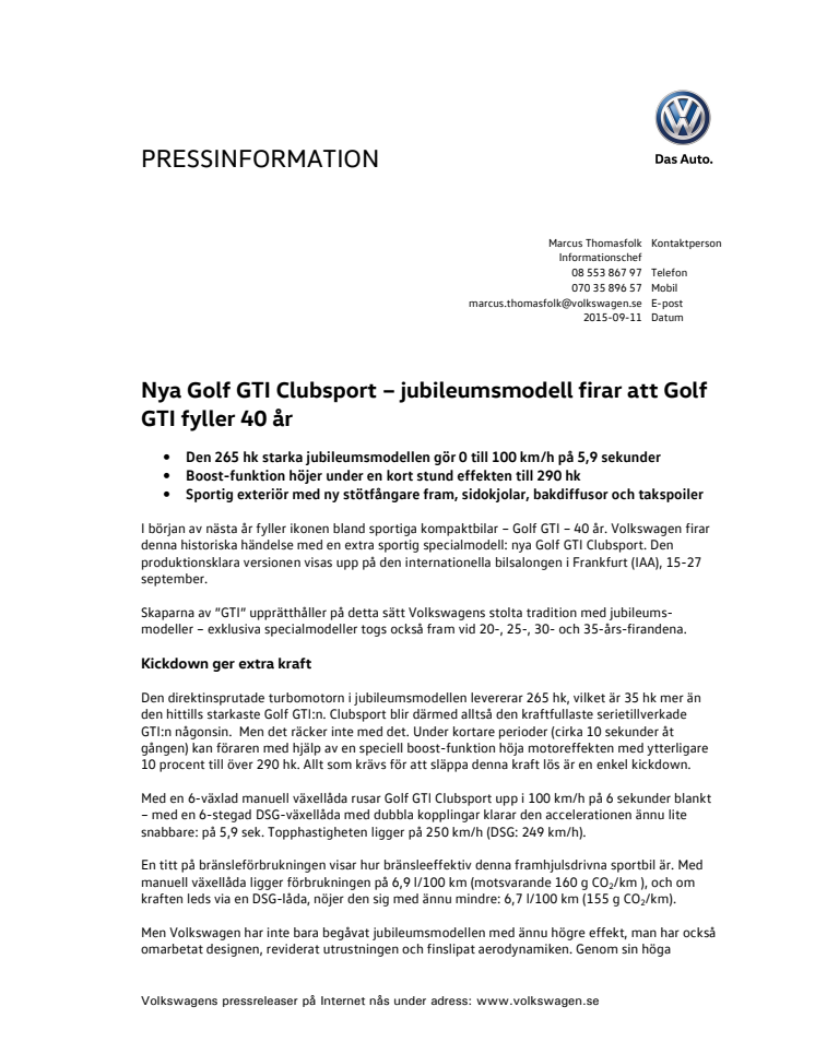 Nya Golf GTI Clubsport – jubileumsmodell firar att Golf GTI fyller 40 år