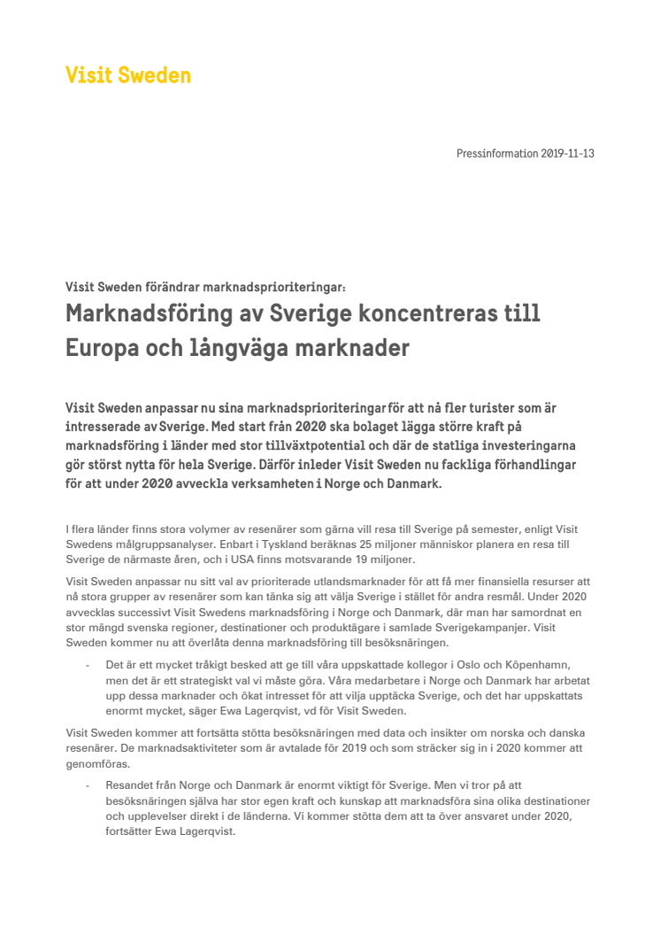 Visit Sweden förändrar marknadsprioriteringar: Marknadsföring av Sverige koncentreras till Europa och långväga marknader