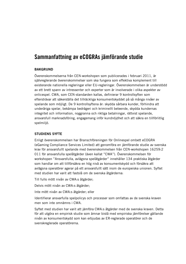 Sammanfattning av jämförelse mellan CEN-standarden och svensk reglering