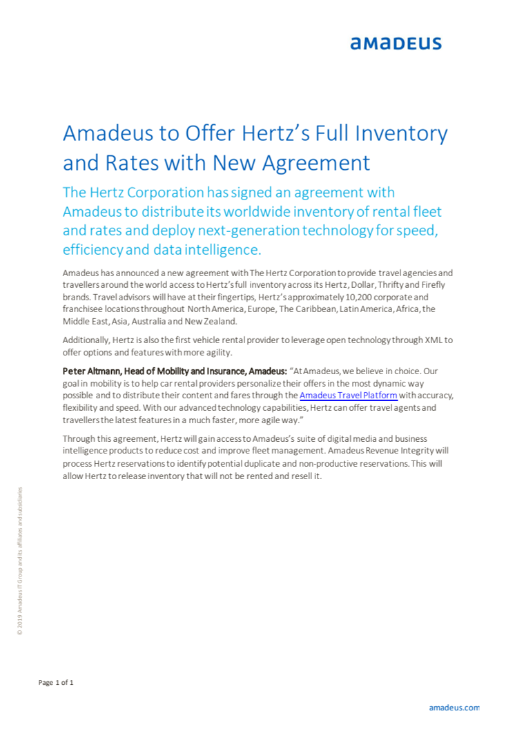 Allt Hertz erbjuder finns nu tillgängligt med nytt Amadeus-avtal