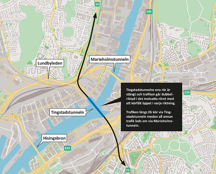 Tingstadstunnelns ena rör är stängt och trafiken går dubbelriktad i det andra