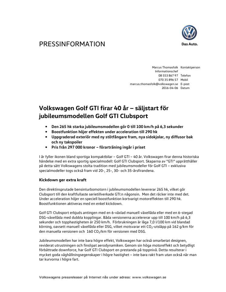 Volkswagen Golf GTI firar 40 år − säljstart för jubileumsmodellen Golf GTI Clubsport